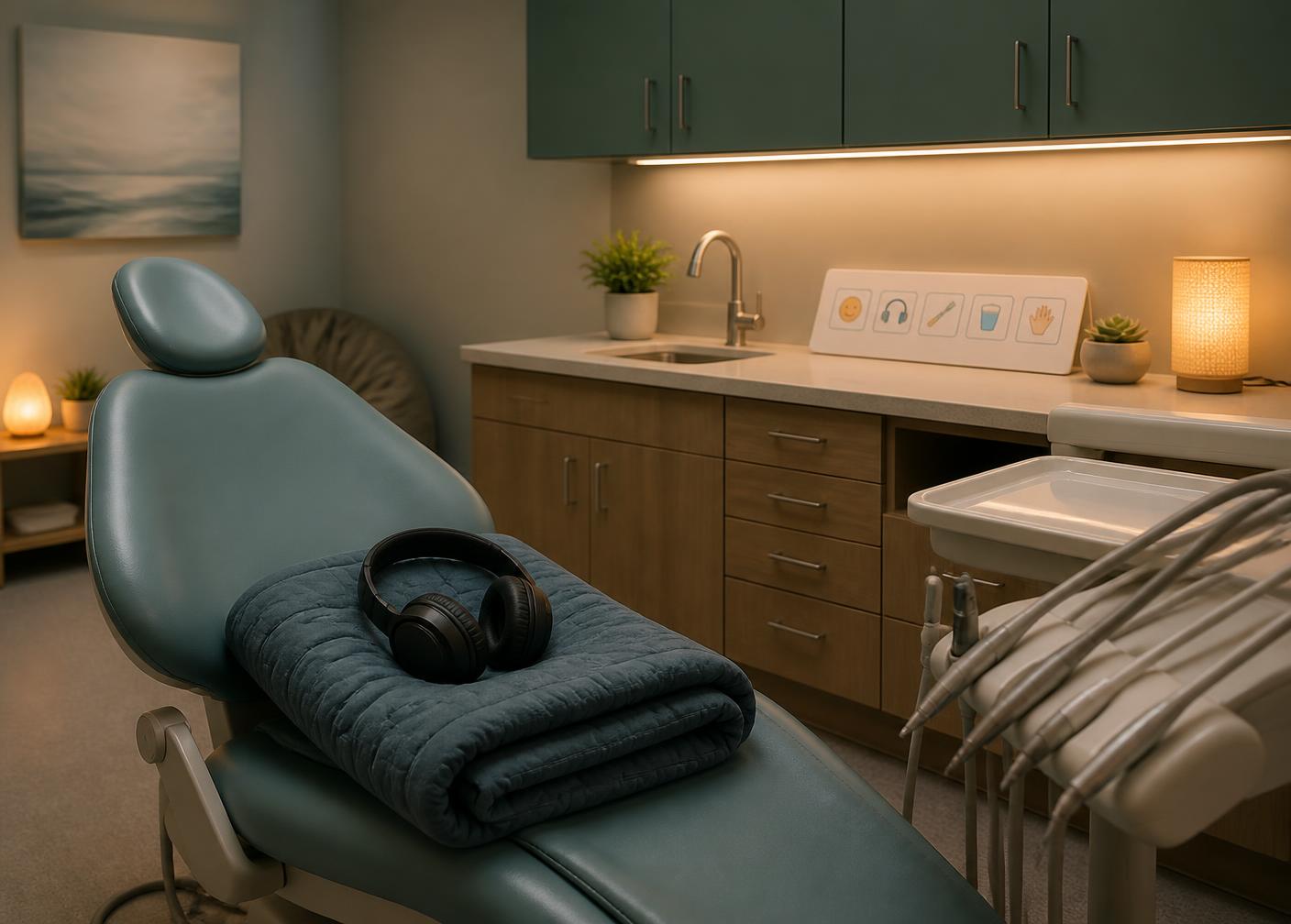 A dental treatment room prepared for a sensory-supportive visit, with dimmed warm lighting, noise-reducing headphones and a weighted blanket on the chair, and a picture-based communication card on the counter.