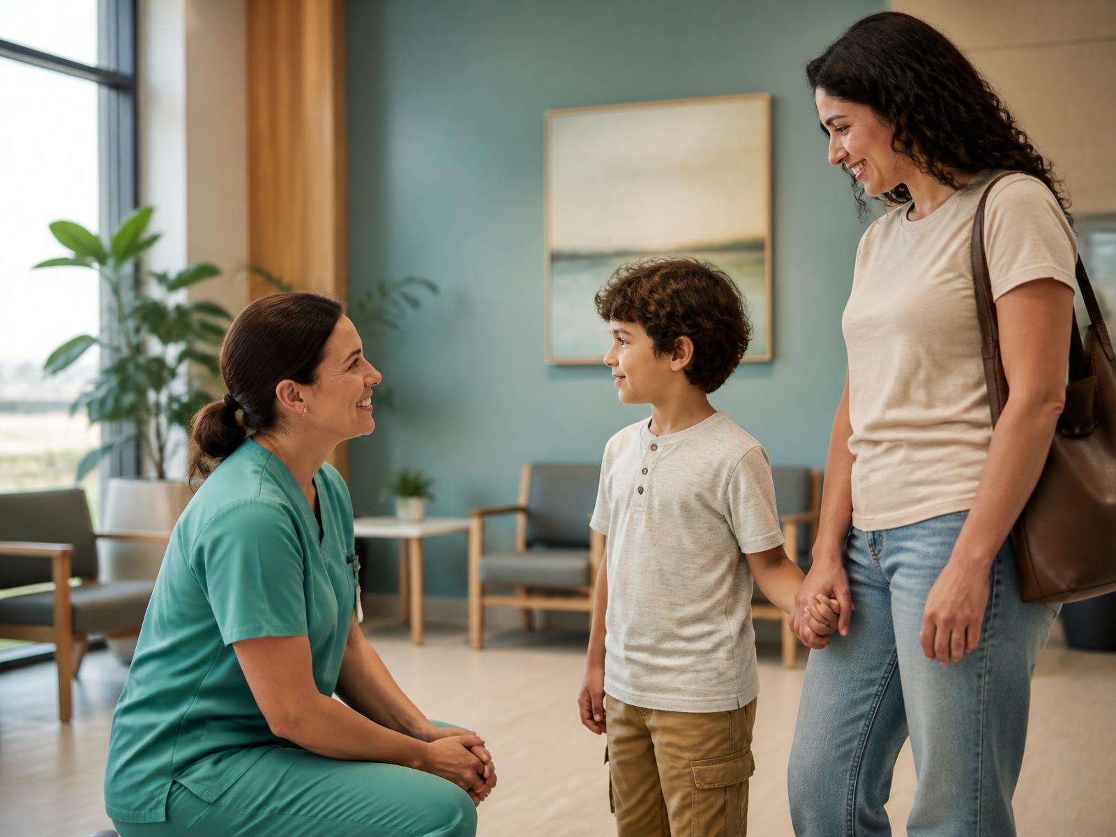 A healthcare professional in teal scrubs kneels to eye level to greet a school-age child who is holding a parent's hand in a calm, softly lit waiting room.